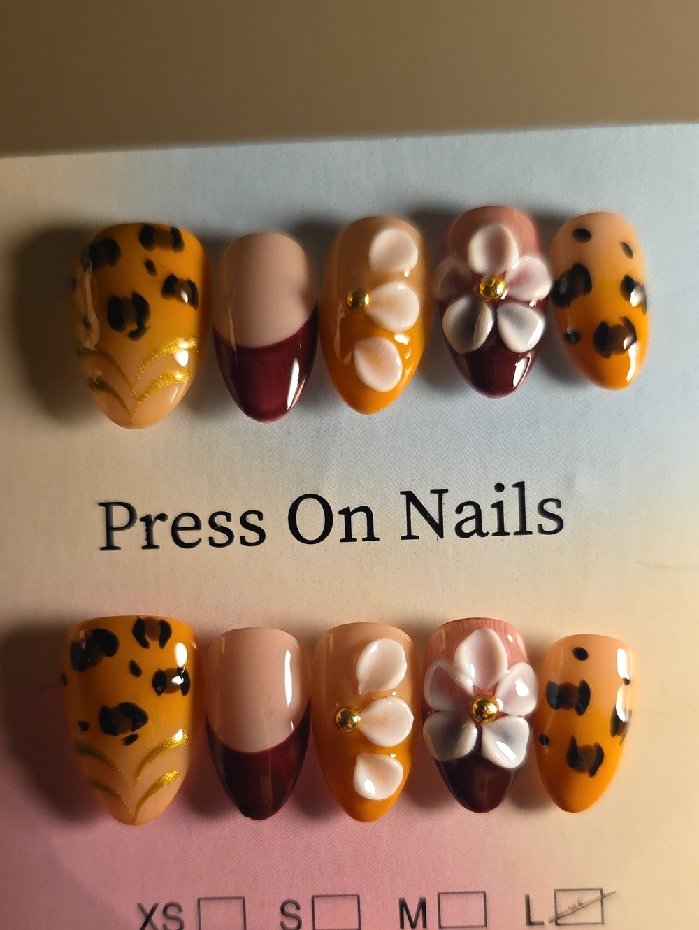 Floral Leopard Press-On Nails Set in Mustard and Burgundy Size Large